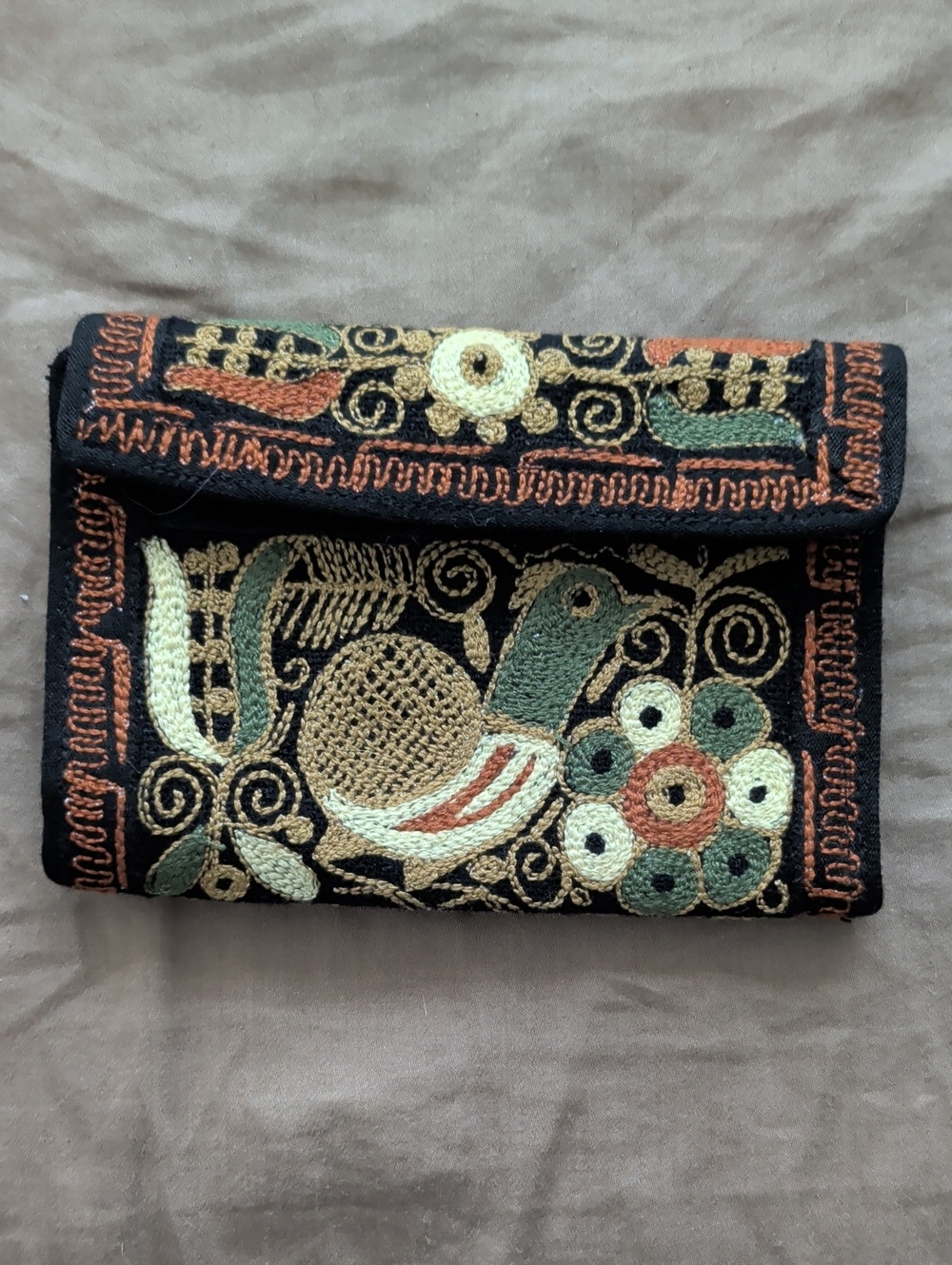 Hand-Embroidered Black Multi Floral & Bird Foldover Clutch